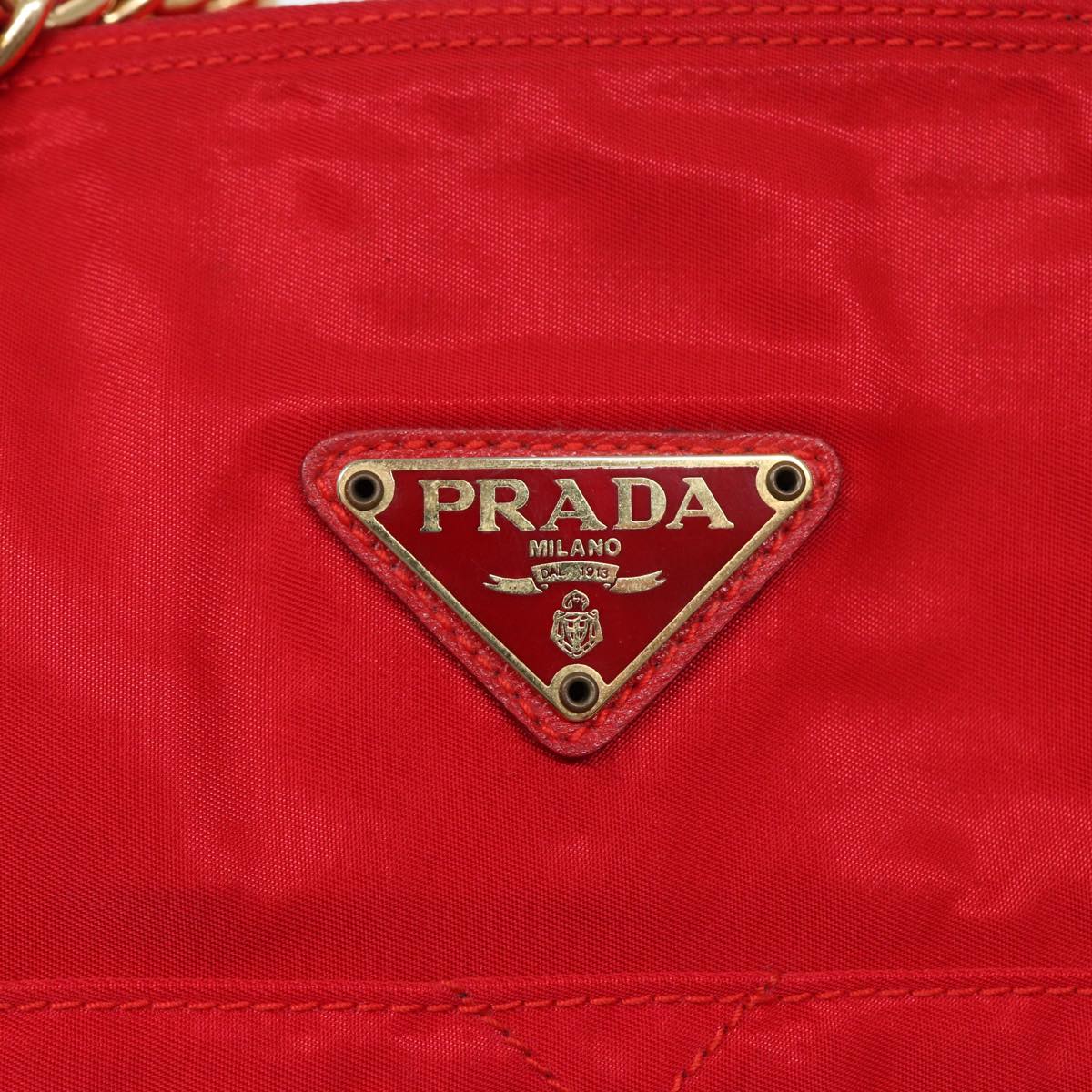 PRADA Chain Shoulder Bag Nylon Red Gold Auth bs16637