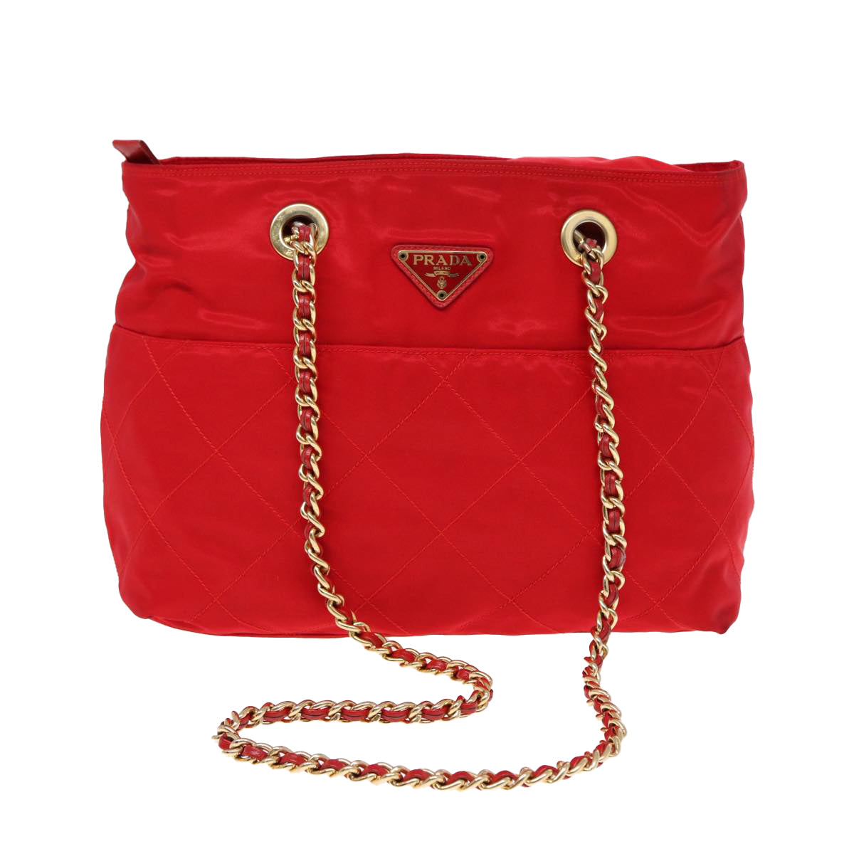 PRADA Chain Shoulder Bag Nylon Red Gold Auth bs16637