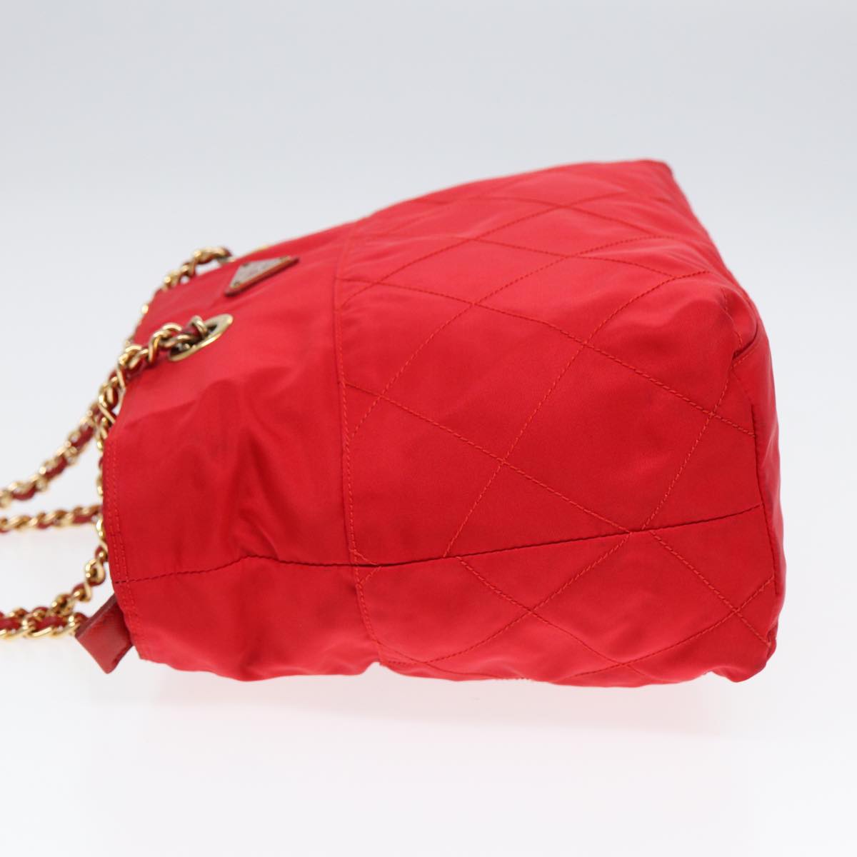 PRADA Chain Shoulder Bag Nylon Red Gold Auth bs16637