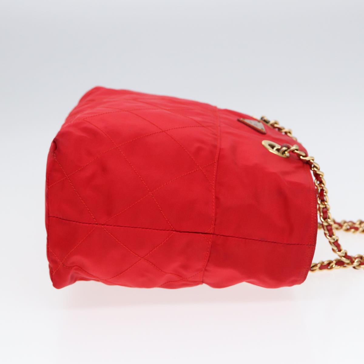 PRADA Chain Shoulder Bag Nylon Red Gold Auth bs16637