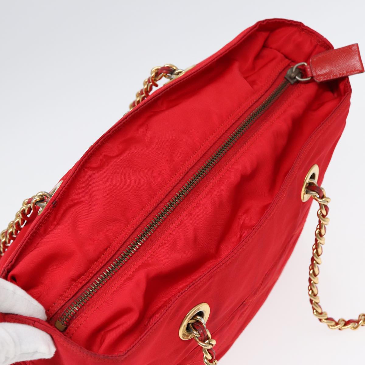 PRADA Chain Shoulder Bag Nylon Red Gold Auth bs16637