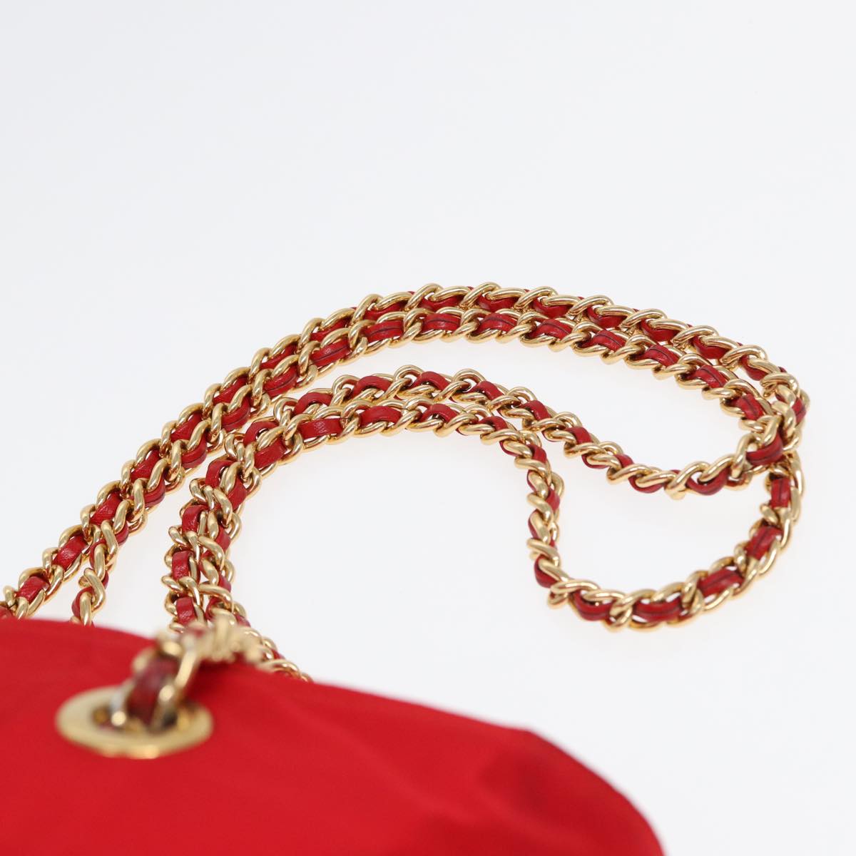 PRADA Chain Shoulder Bag Nylon Red Gold Auth bs16637