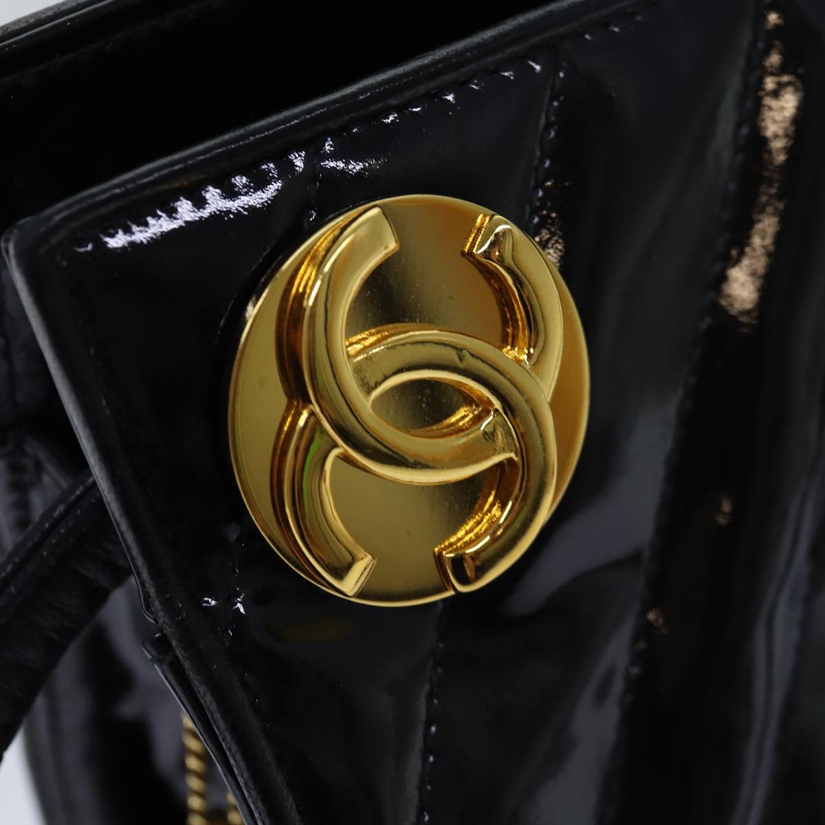 CHANEL V stitch COCO Mark Shoulder Bag Enamel Black CC Auth bs16640