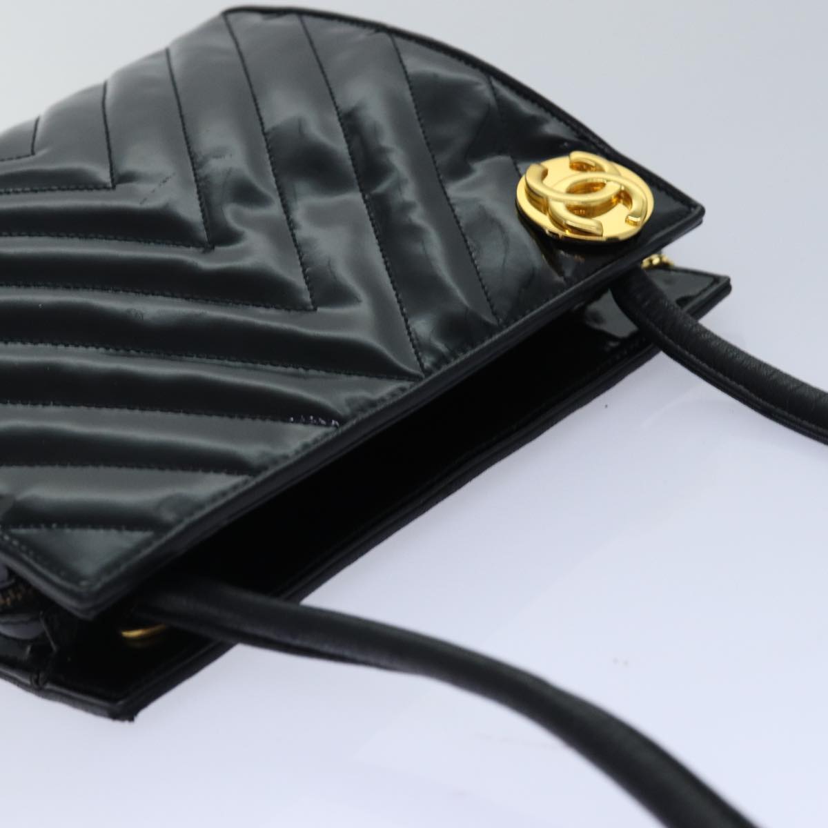 CHANEL V stitch COCO Mark Shoulder Bag Enamel Black CC Auth bs16640