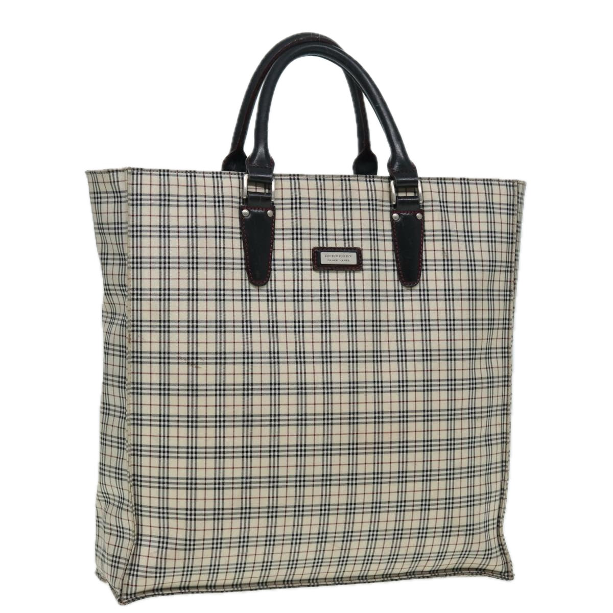 BURBERRY Nova Check Blue Label Hand Bag Nylon Beige Silver Auth bs16646