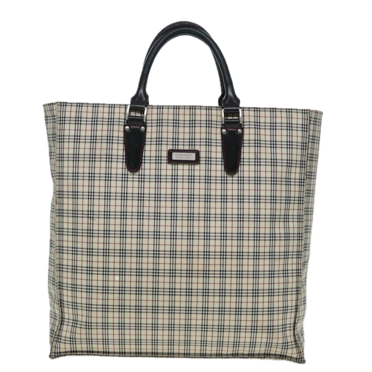 BURBERRY Nova Check Blue Label Hand Bag Nylon Beige Silver Auth bs16646