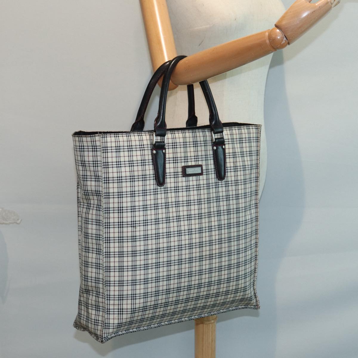 BURBERRY Nova Check Blue Label Hand Bag Nylon Beige Silver Auth bs16646