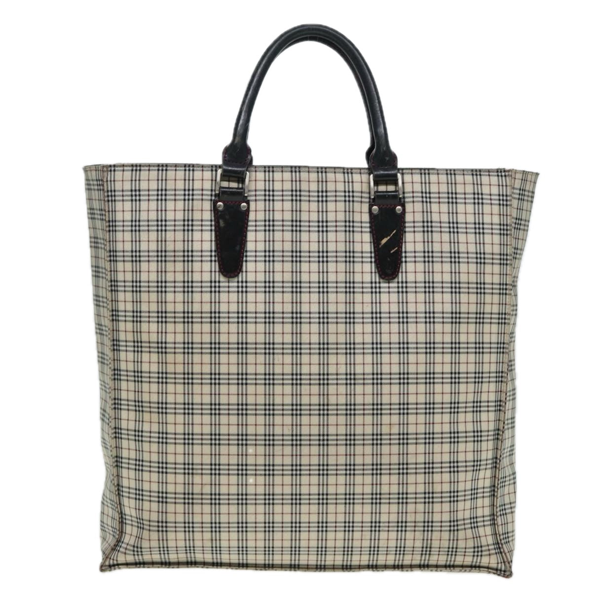 BURBERRY Nova Check Blue Label Hand Bag Nylon Beige Silver Auth bs16646 - 0