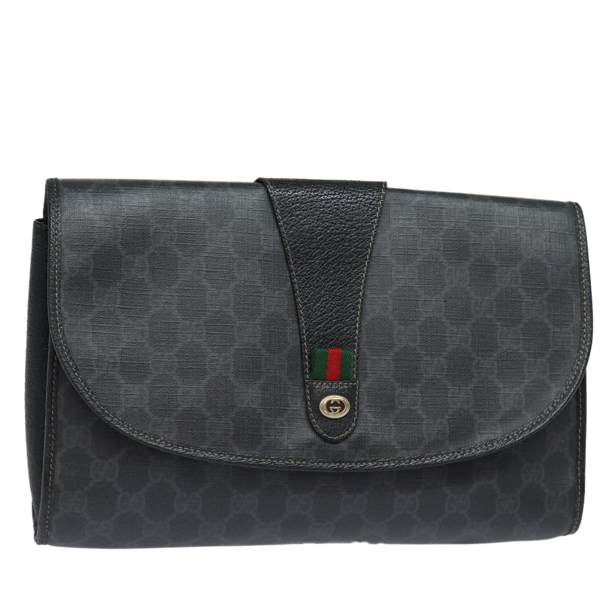 GUCCI GG Supreme Web Sherry Line Clutch Bag Black Gold 156 01 031 Auth bs16653