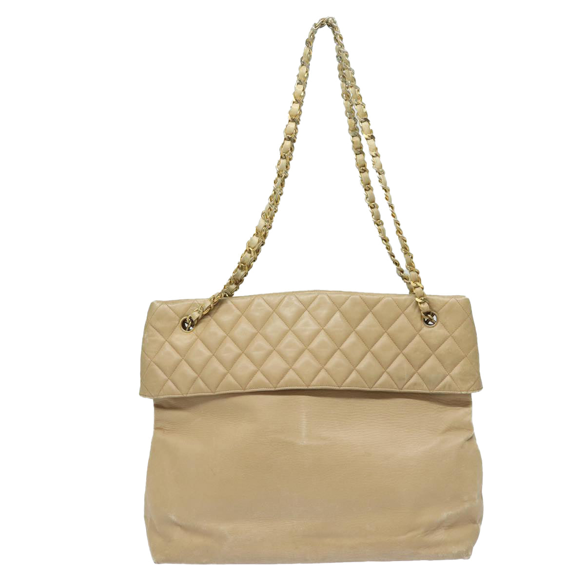 CHANEL Matelasse Chain Tote Bag Leather Beige Gold CC Auth bs16657