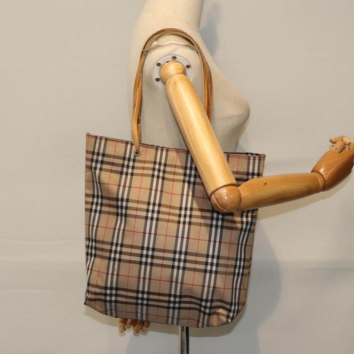 BURBERRY Nova Check Tote Bag Nylon Beige Silver Auth bs16673