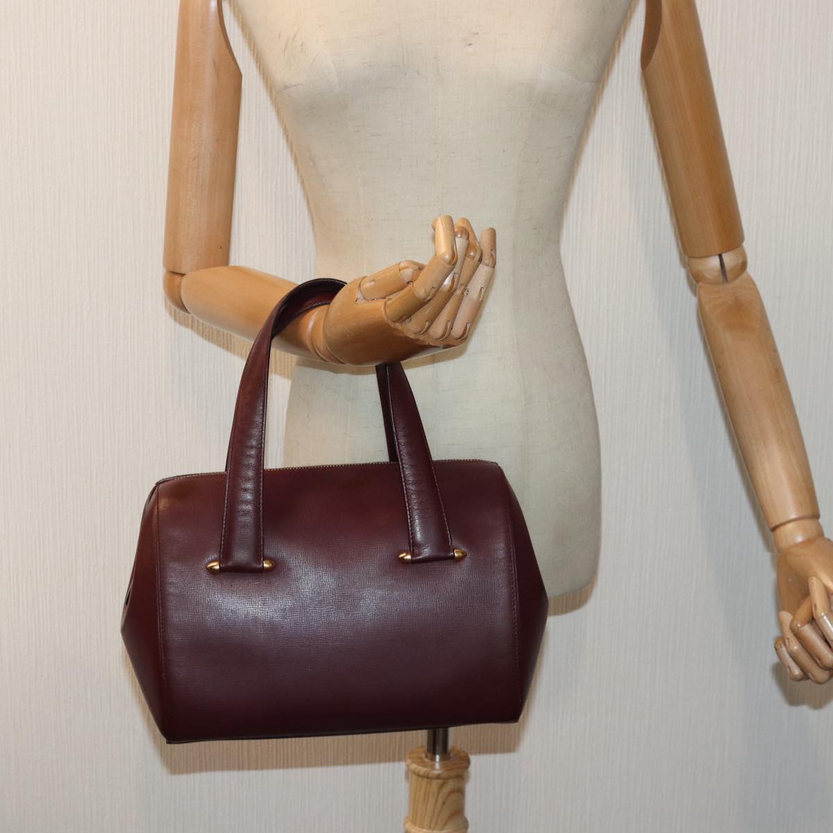 CARTIER Hand Bag Leather Wine Red Auth bs16695