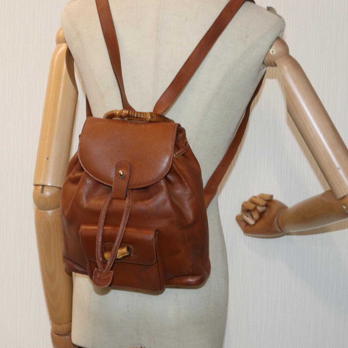 GUCCI Bamboo Backpack Leather Brown Auth bs16715