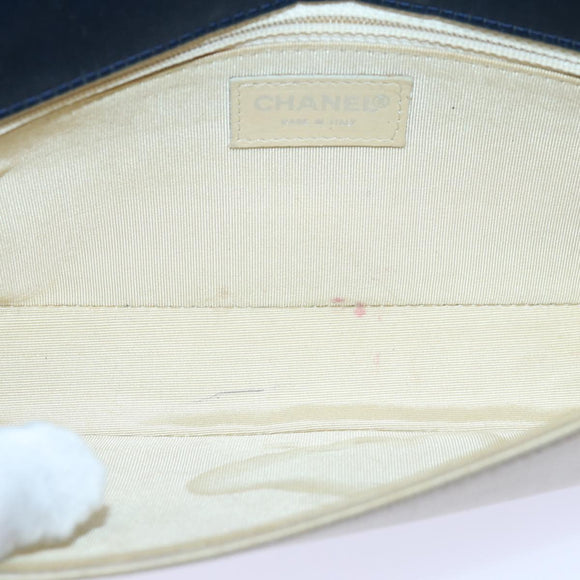 CHANEL Choco Bar Chain Hand Bag Satin Beige Navy CC Auth bs16725