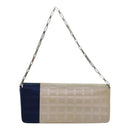 CHANEL Choco Bar Chain Hand Bag Satin Beige Navy CC Auth bs16725-2