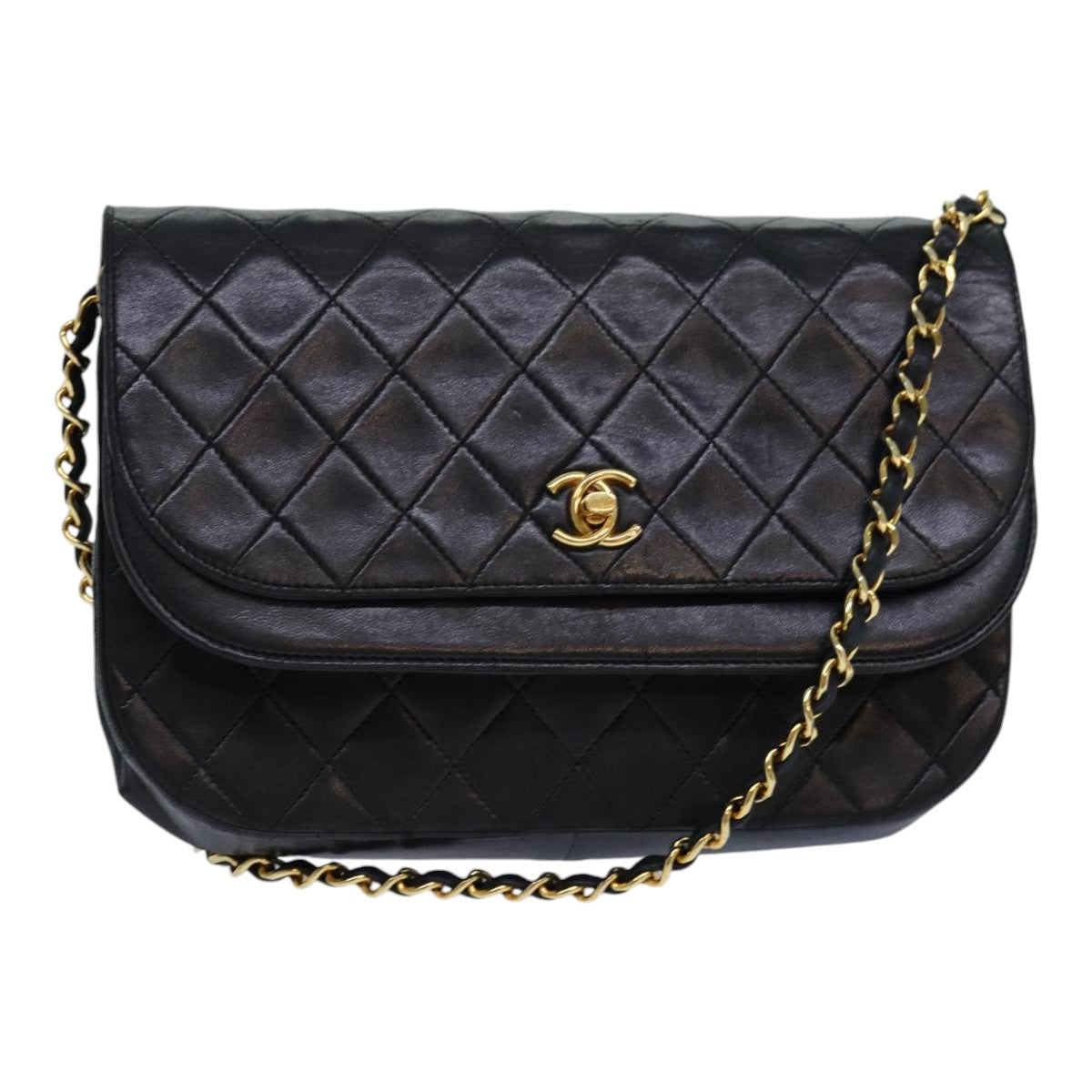 CHANEL Matelasse Turn Lock Chain Shoulder Bag Lamb Skin Black CC Auth bs16726A