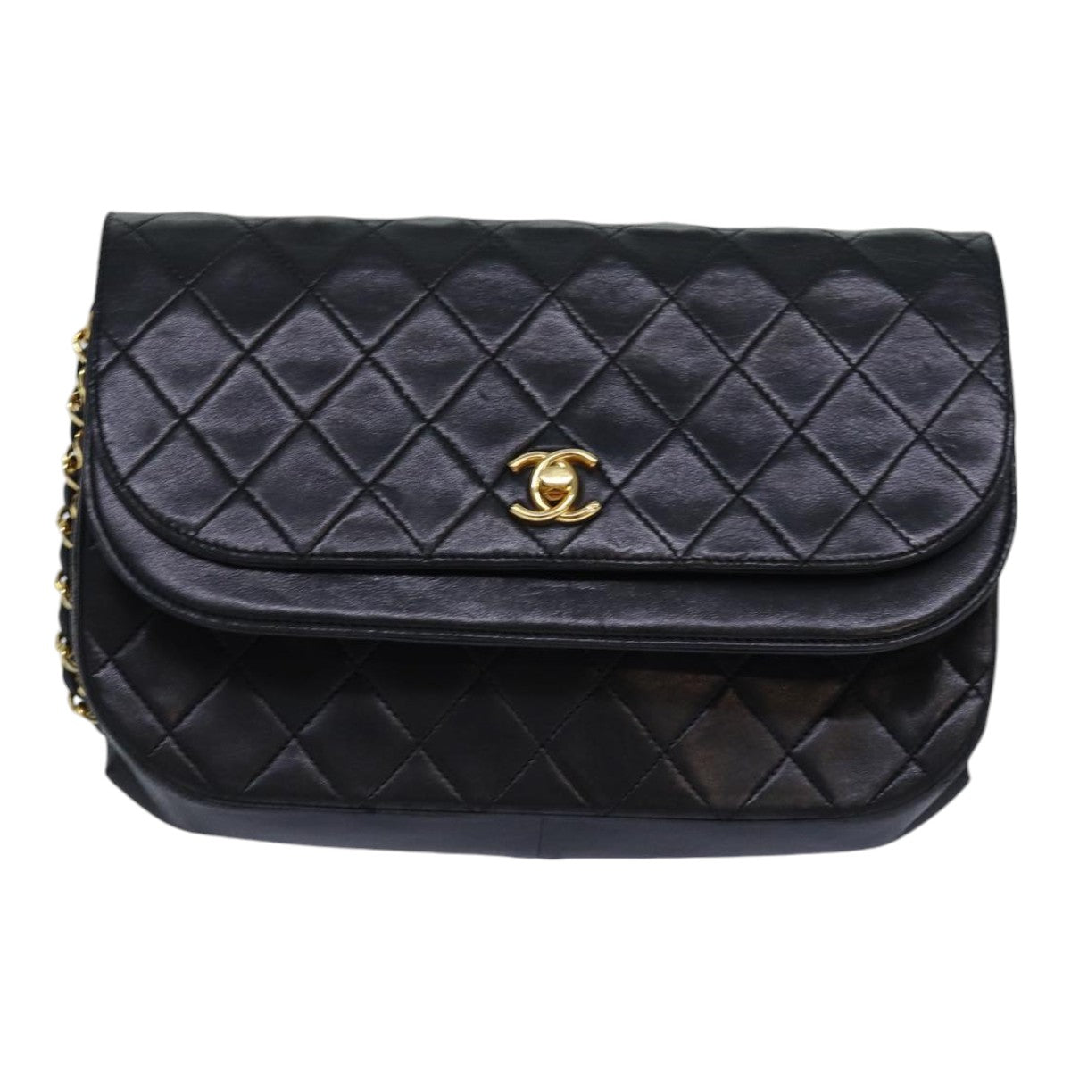 CHANEL Matelasse Turn Lock Chain Shoulder Bag Lamb Skin Black CC Auth bs16726A