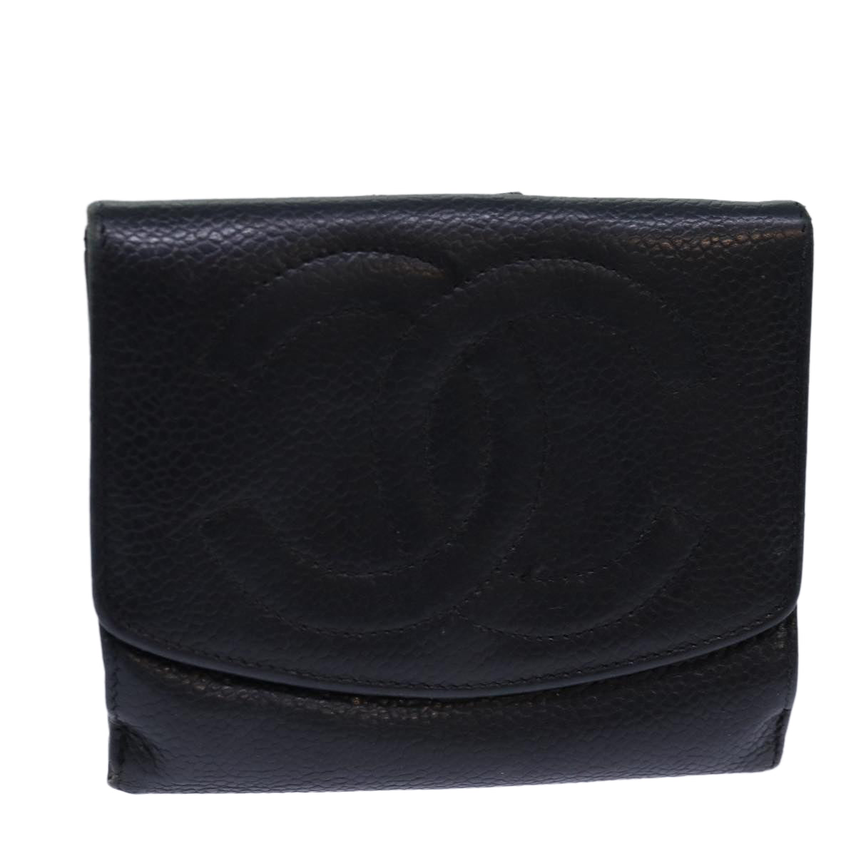 CHANEL COCO Mark Wallet Caviar Skin Black Gold CC Auth bs16751