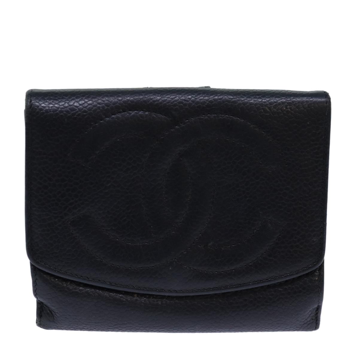 CHANEL COCO Mark Wallet Caviar Skin Black Gold CC Auth bs16751