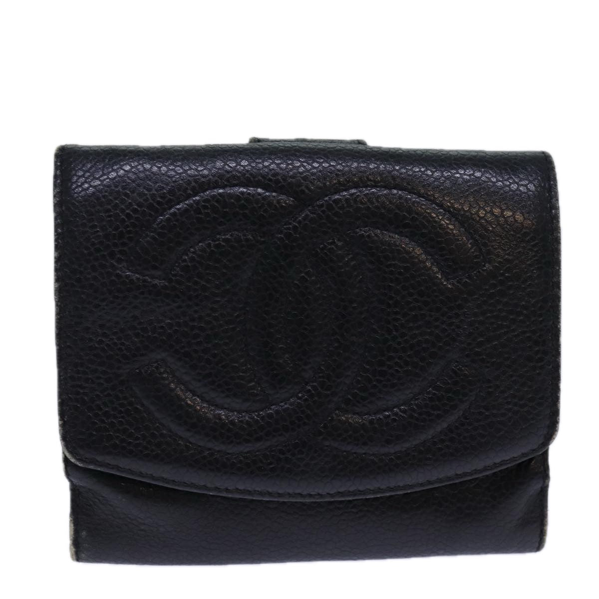 CHANEL COCO Mark Wallet Caviar Skin Black Gold CC Auth bs16752