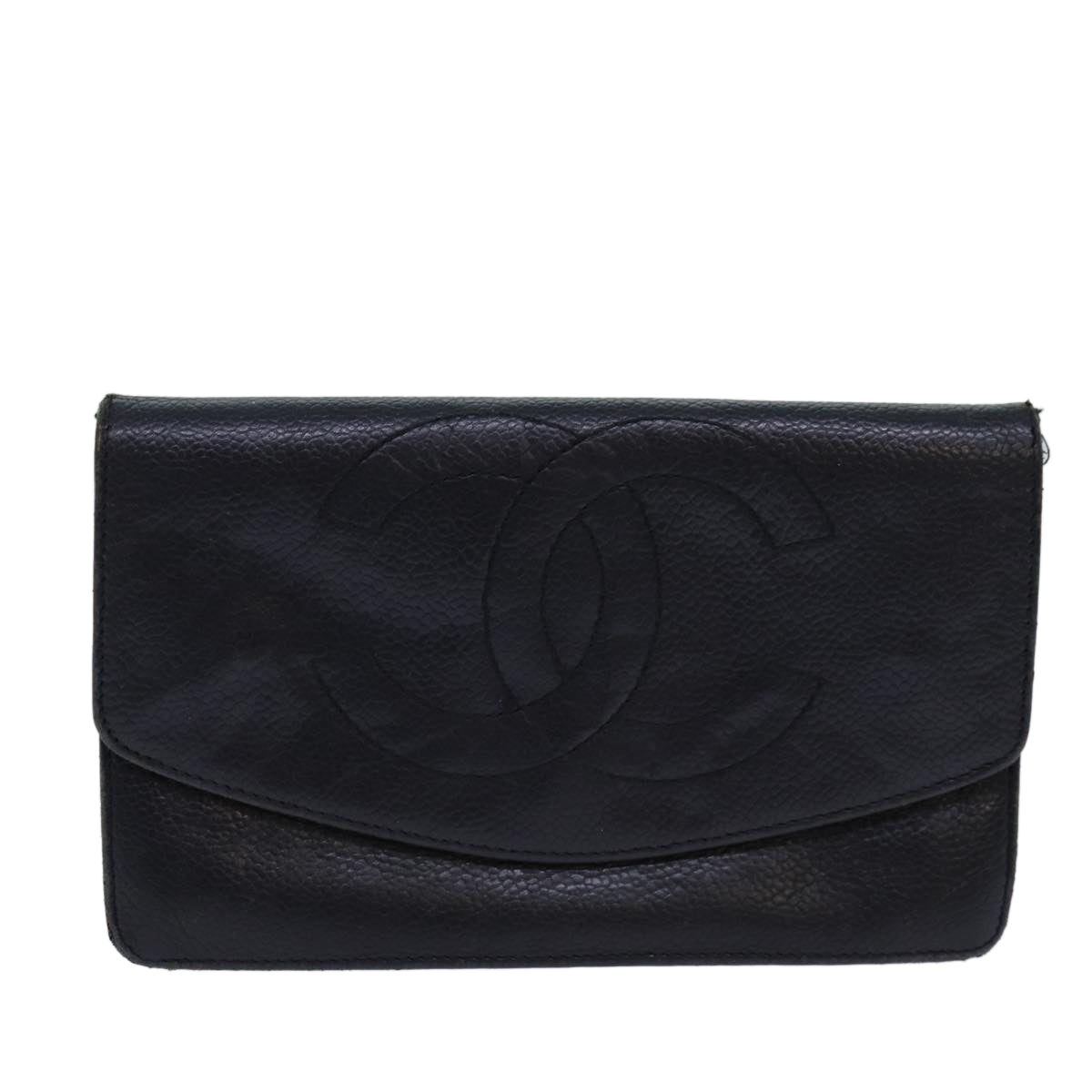 CHANEL COCO Mark Wallet Caviar Skin Black Gold CC Auth bs16759 - 0