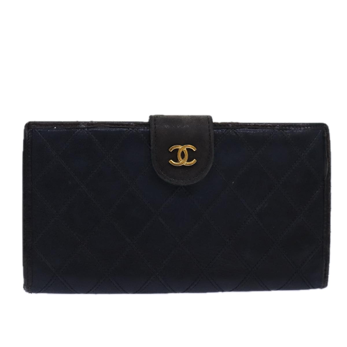 CHANEL Bicolore Wallet Lamb Skin Black Gold CC Auth bs16760