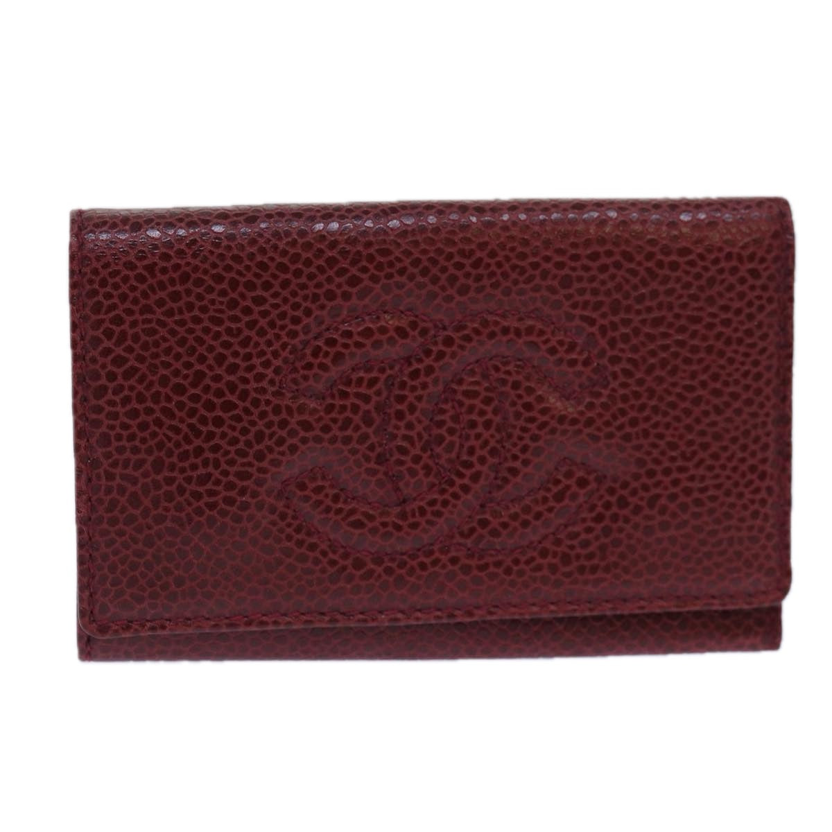 CHANEL COCO Mark Key Case Caviar Skin Red Gold CC Auth bs16769