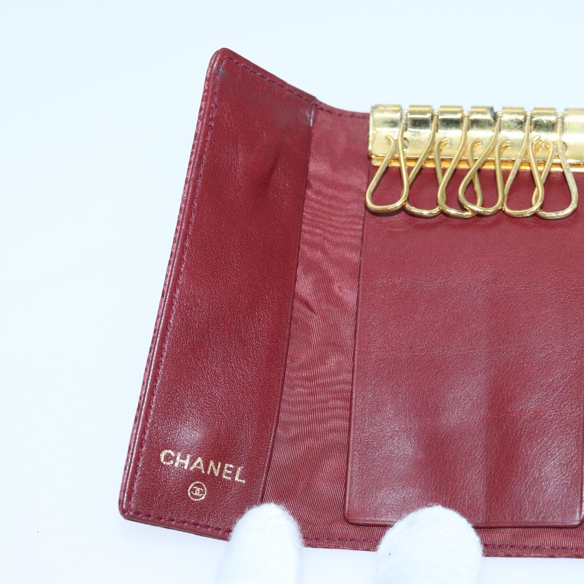 CHANEL COCO Mark Key Case Caviar Skin Red Gold CC Auth bs16769