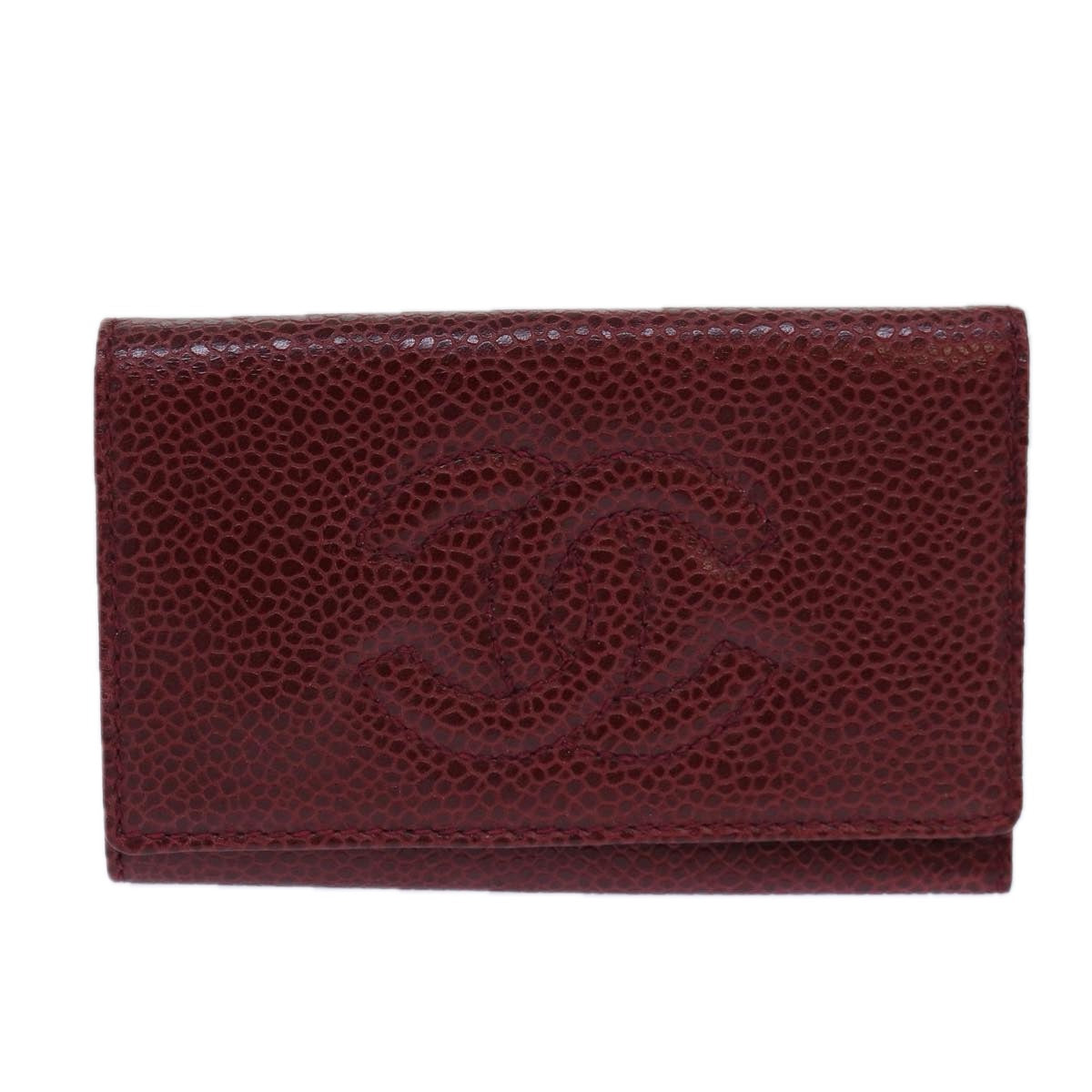 CHANEL COCO Mark Key Case Caviar Skin Red Gold CC Auth bs16769