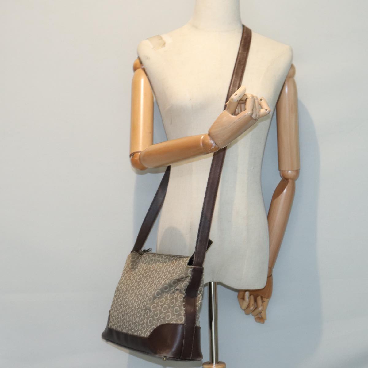 CELINE C Macadam Canvas Shoulder Bag Beige Gold Auth bs16779