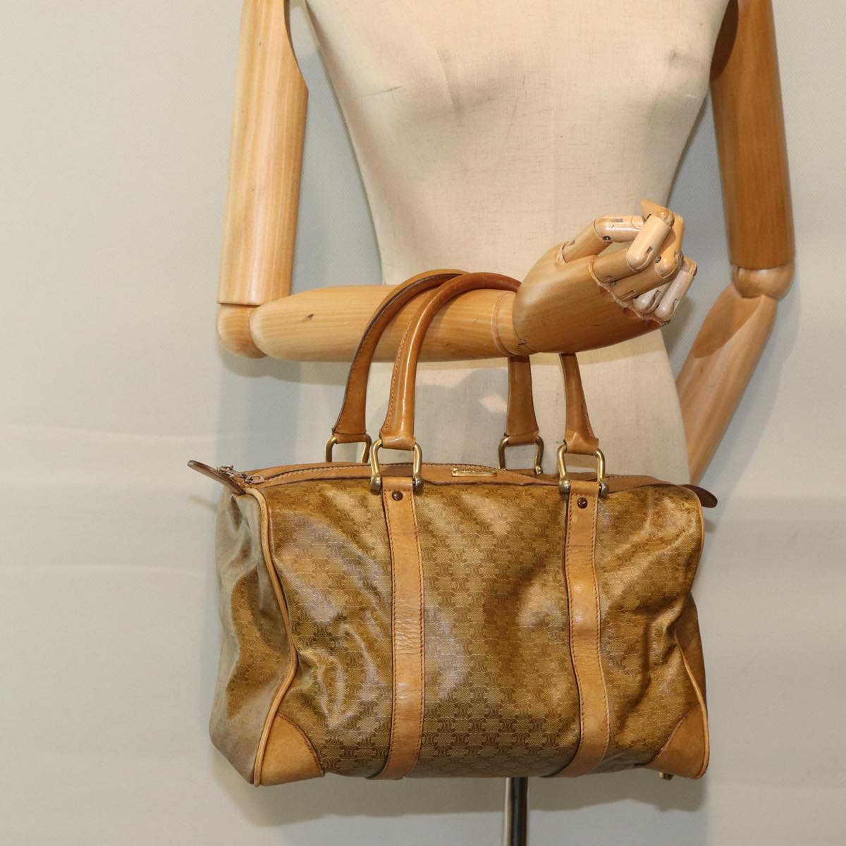 CELINE Macadam Canvas Boston Bag Beige Gold Auth bs16781