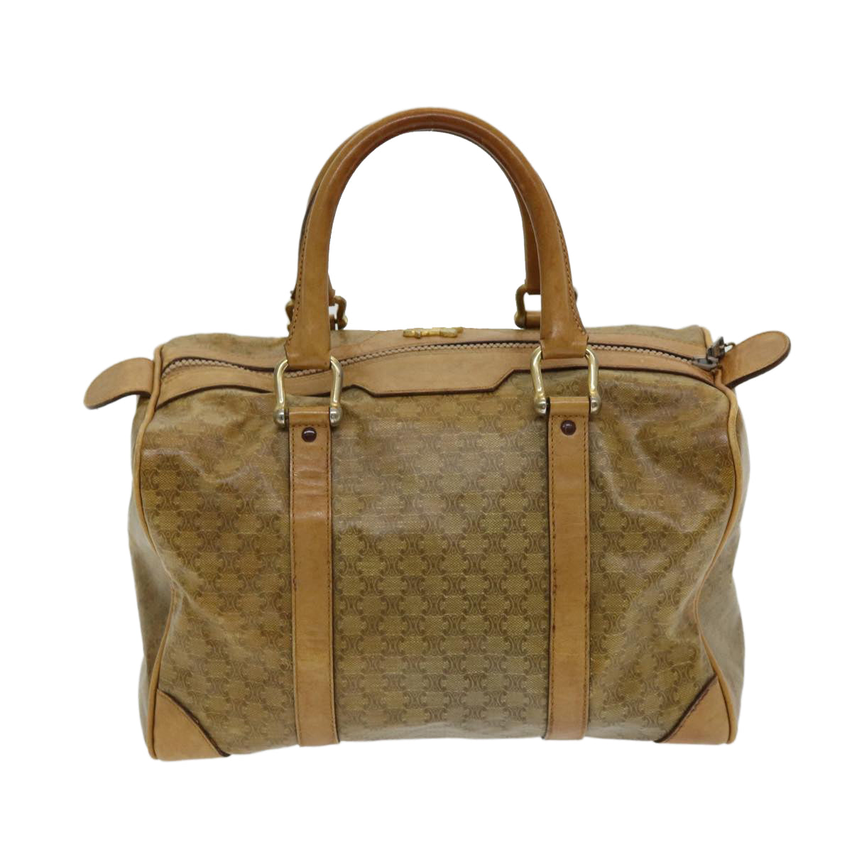 CELINE Macadam Canvas Boston Bag Beige Gold Auth bs16781 - 0