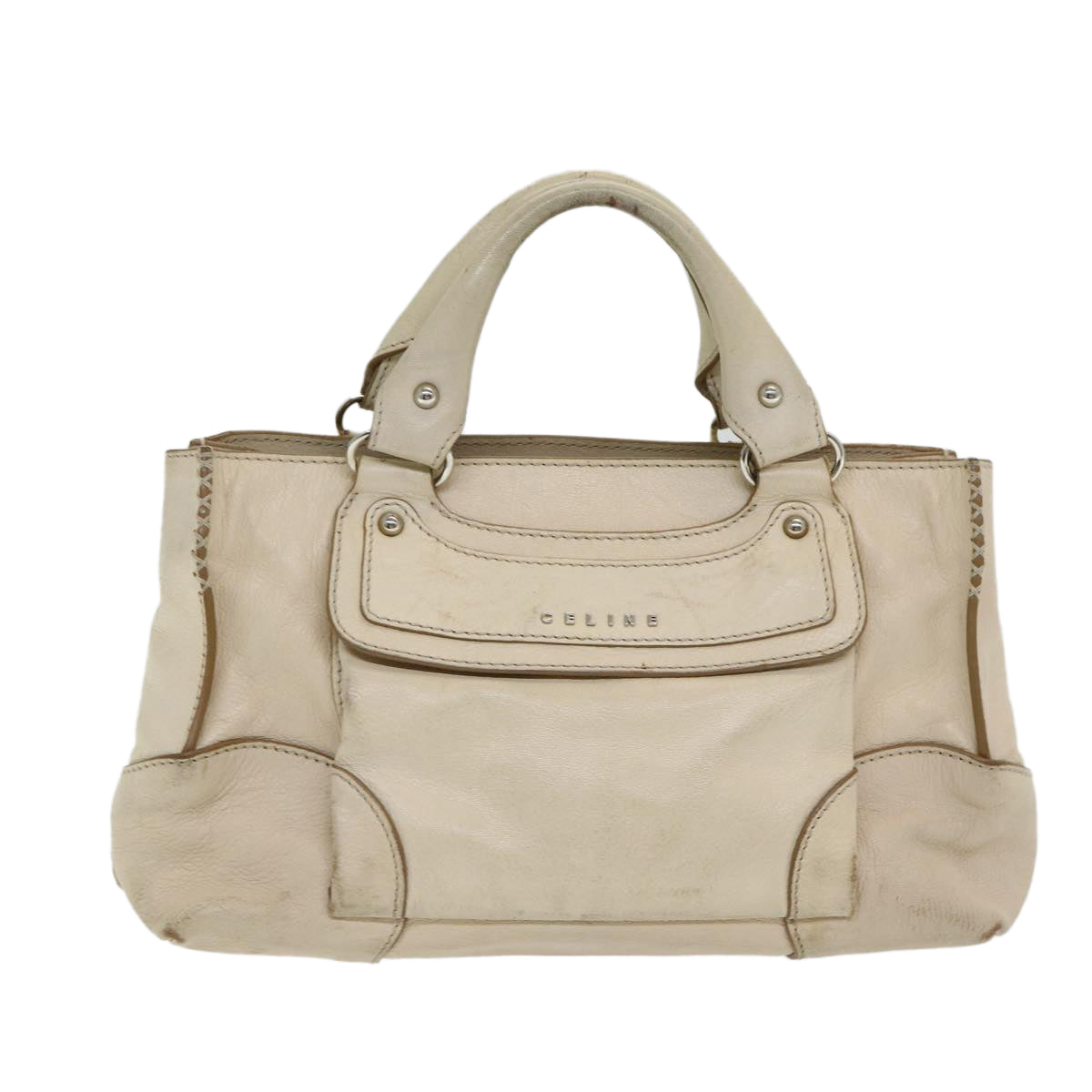 CELINE Boogie bag Hand Bag Leather Beige Silver Auth bs16783