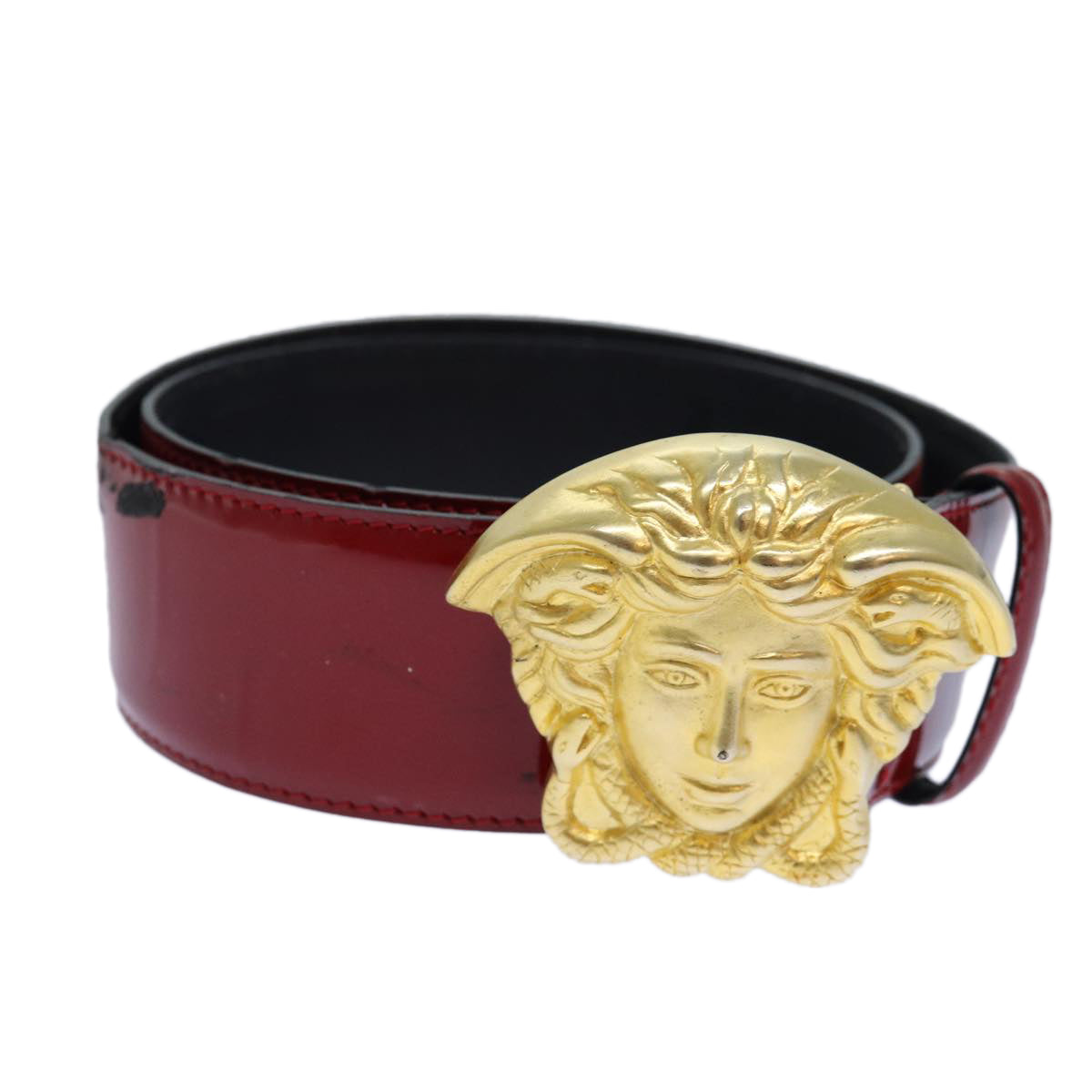 VERSACE Medusa Belt Patent leather 68cn-28.7"" Red Gold Auth bs16787