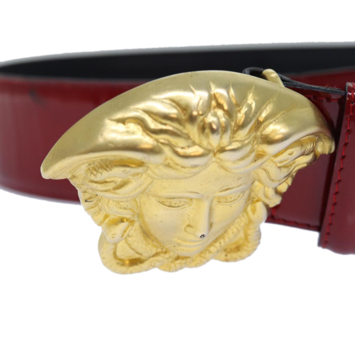 VERSACE Medusa Belt Patent leather 68cn-28.7"" Red Gold Auth bs16787