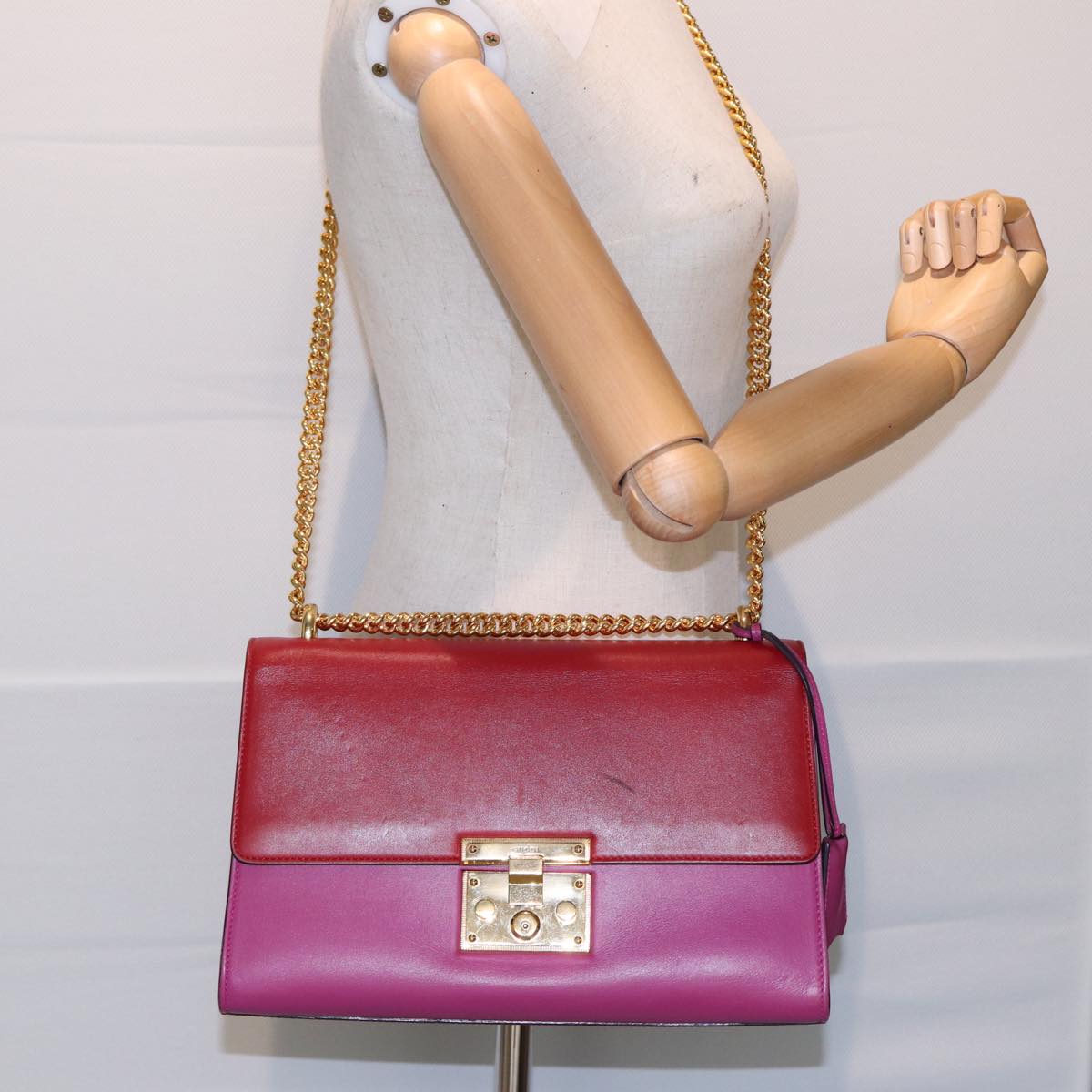 GUCCI Padlock Chain Shoulder Bag Leather Red Pink Auth bs16789