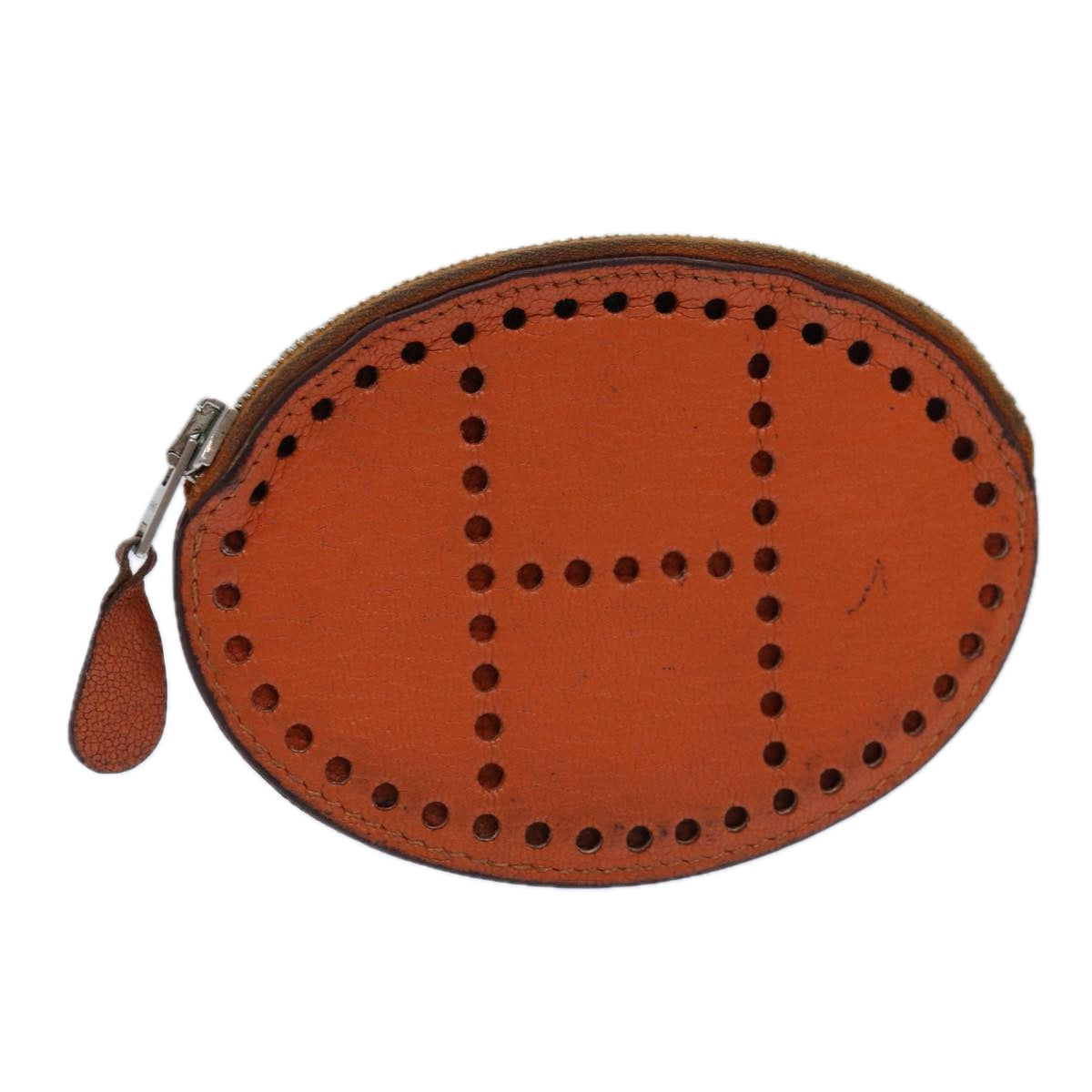 HERMES Evelyn Coin Purse Leather Orange Silver Auth bs16791