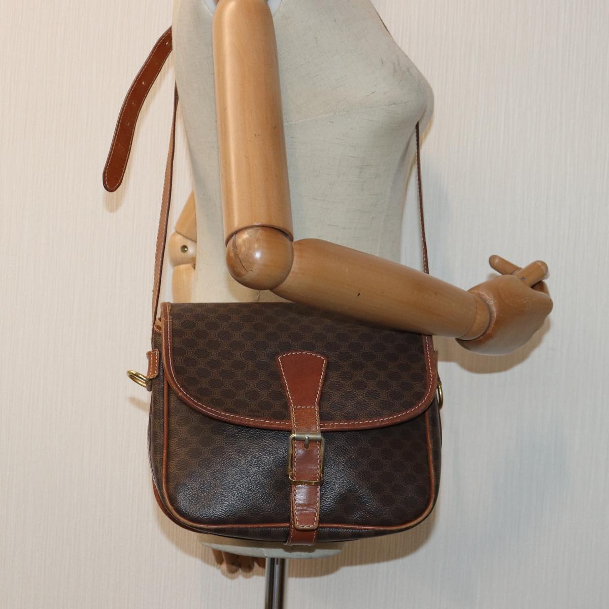 CELINE Macadam Canvas Shoulder Bag PVC Leather Brown Gold Auth bs16804