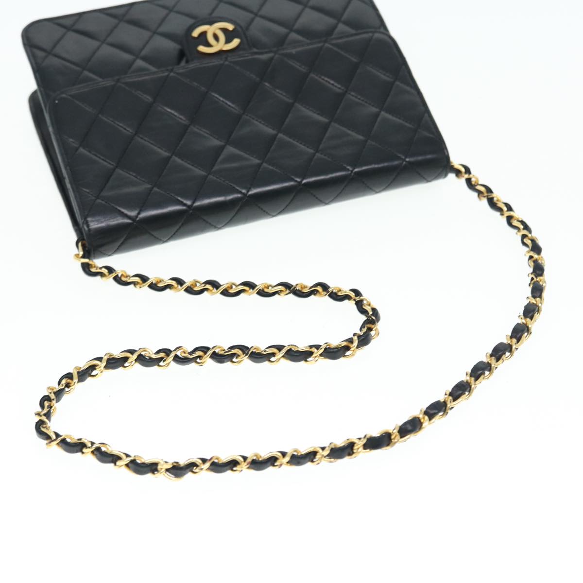 CHANEL Matelasse Chain Shoulder Bag Lamb Skin Black Gold CC Auth bs16822