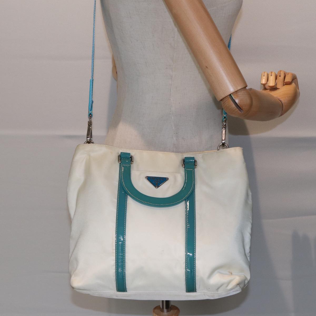 PRADA Hand Bag Nylon 2way White Turquoise Blue Auth bs16826