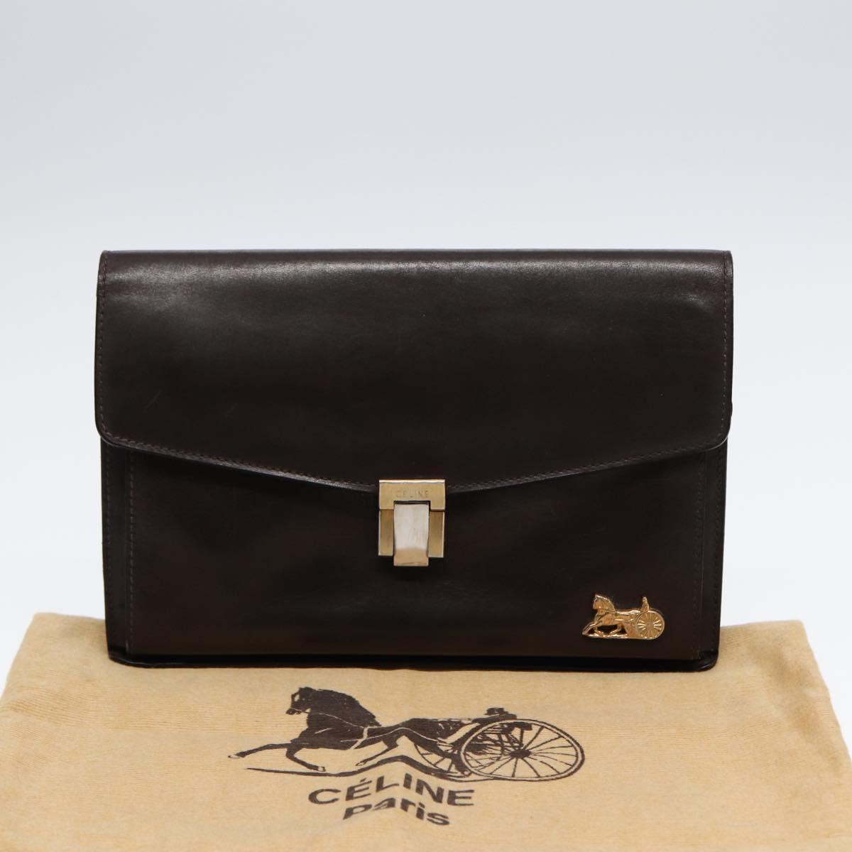 CELINE Clutch Bag Leather Brown Gold Auth bs16841