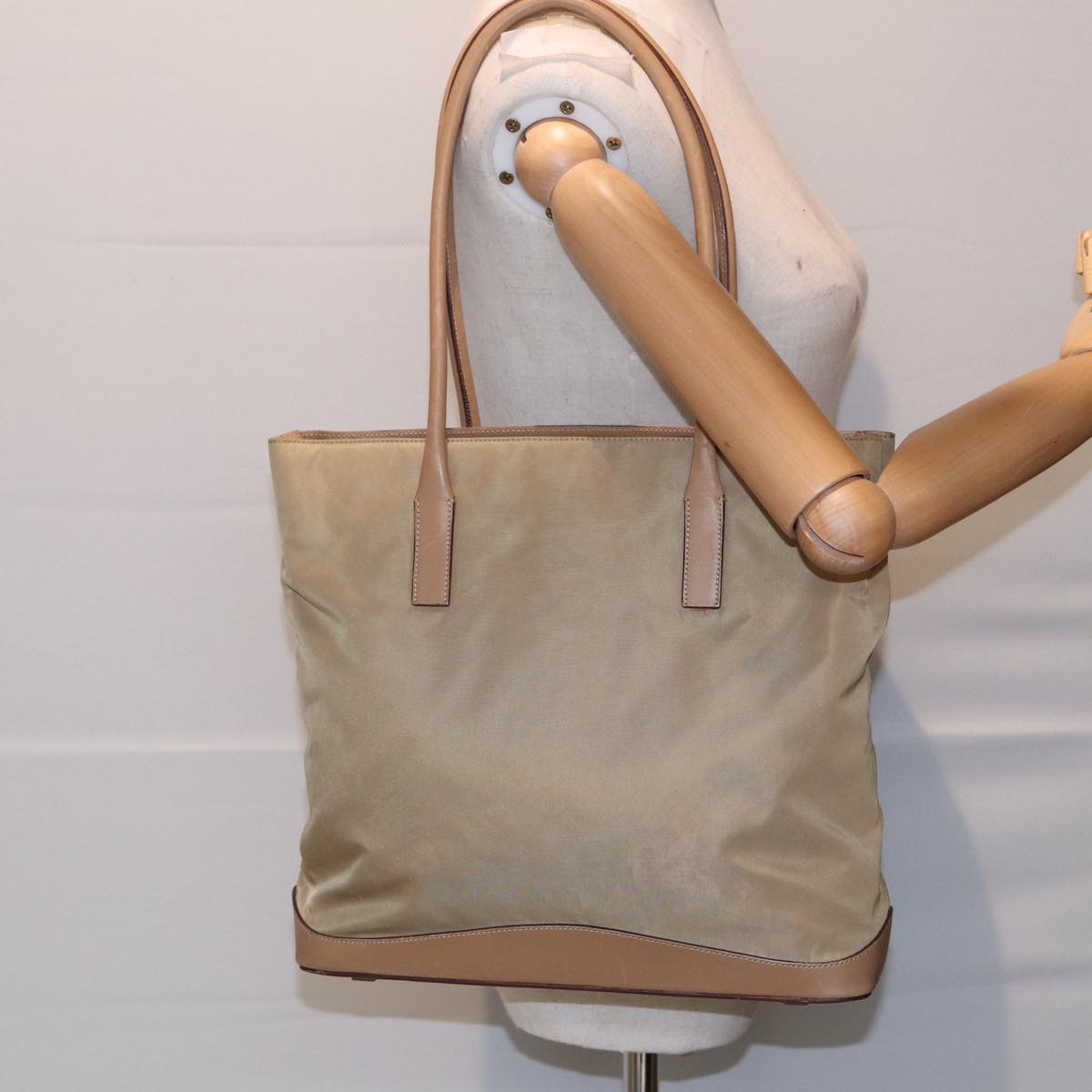 PRADA Tote Bag Nylon Beige Auth bs16845