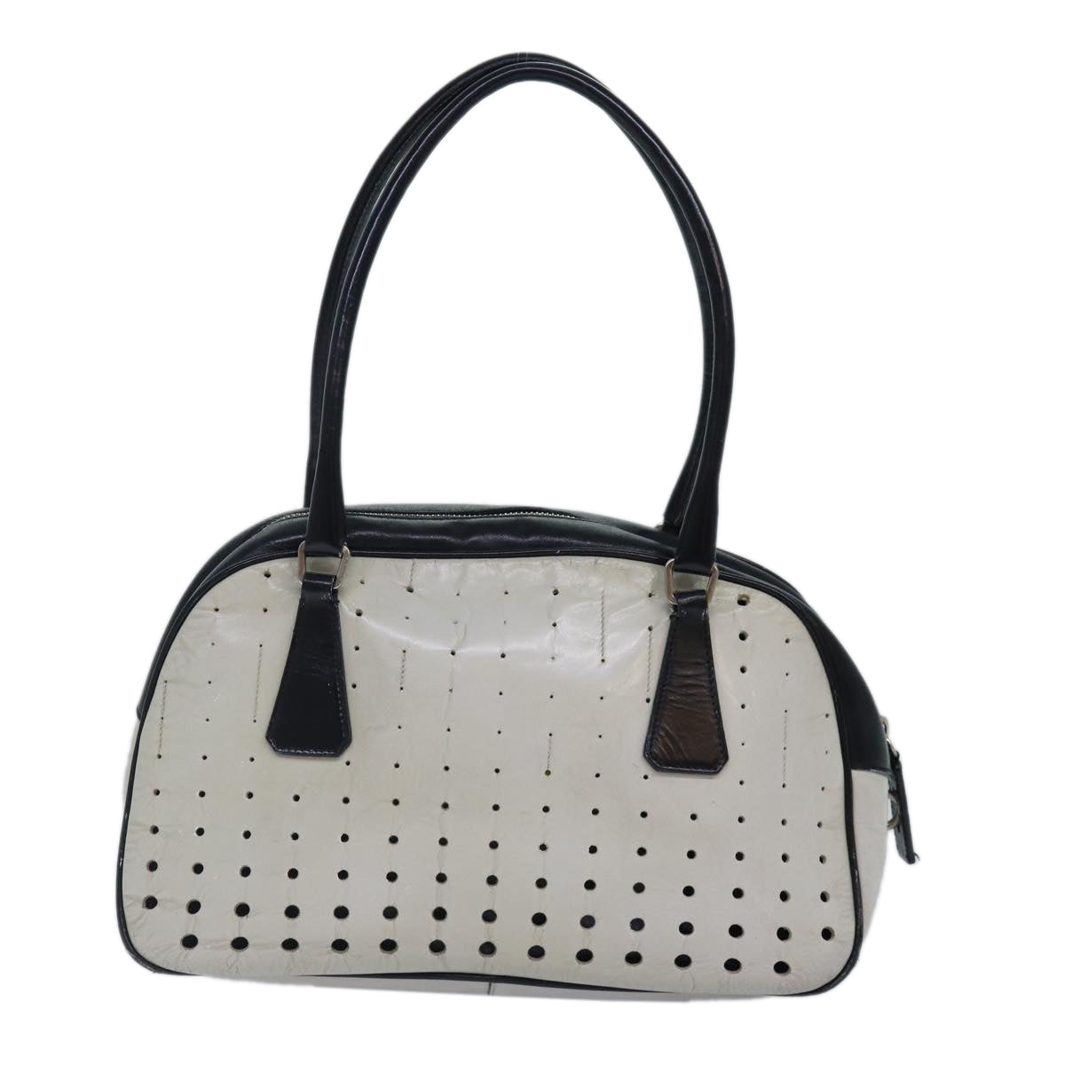 PRADA Hand Bag Leather White Black Silver Auth bs16847 - 0