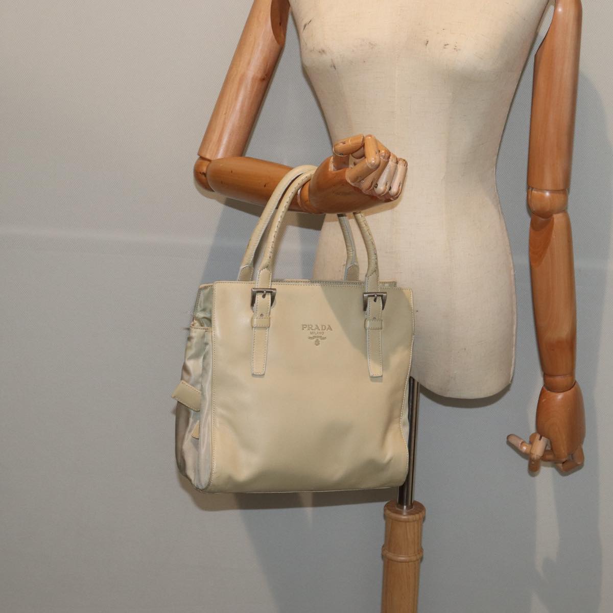 PRADA Hand Bag Leather Beige Auth bs16865