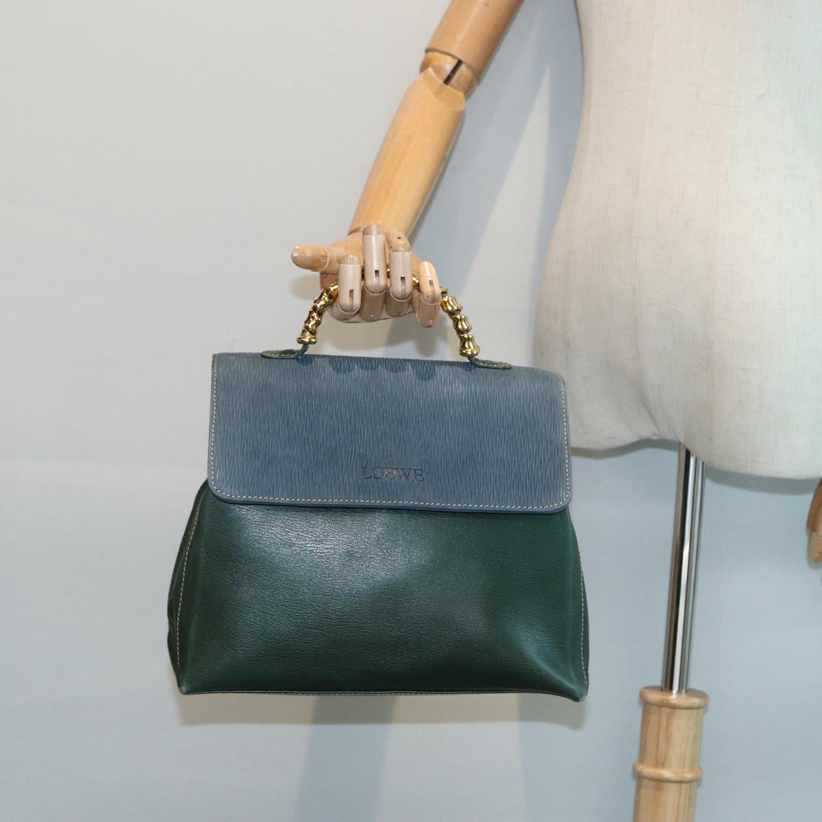 LOEWE Velazquez Hand Bag Leather Green Gold Auth bs16868