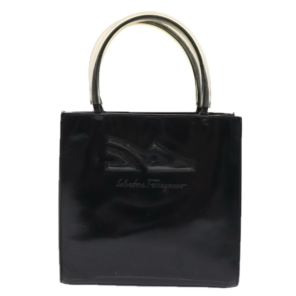 Salvatore Ferragamo Hand Bag Enamel Black Gold Auth bs16870 - 0