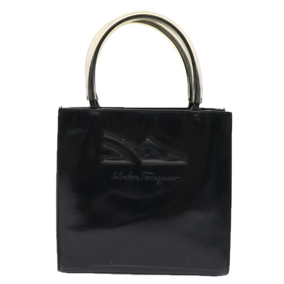 Salvatore Ferragamo Hand Bag Enamel Black Gold Auth bs16870