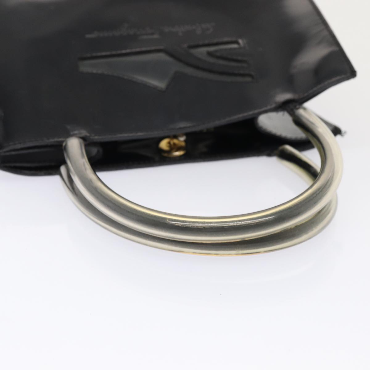 Salvatore Ferragamo Hand Bag Enamel Black Gold Auth bs16870