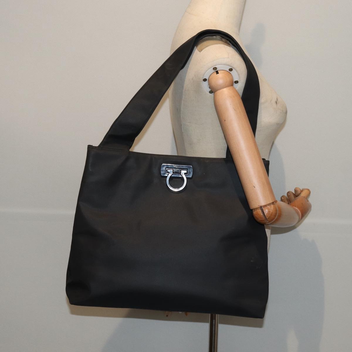 Salvatore Ferragamo Gancini Tote Bag Nylon Black Auth bs16874