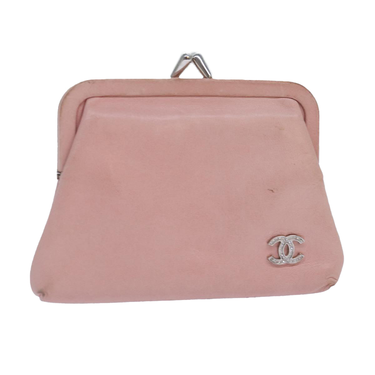 CHANEL Gamaguchi Pouch Leather Pink Silver CC Auth bs16883